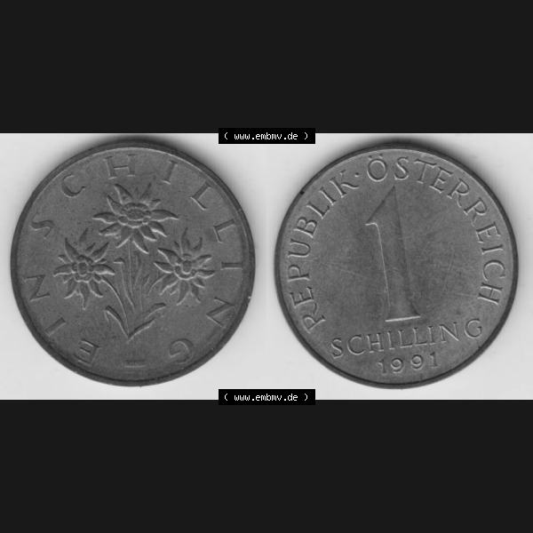 Grau bzw. s/w Münzen Österreich Umlaufmünze 1959-2001, 1 Schilling 1991 I., Münze aus Österreich mit Münzseiten Horizontal / Nebeneinander auf einen Bild für... Sammlung Graustufen