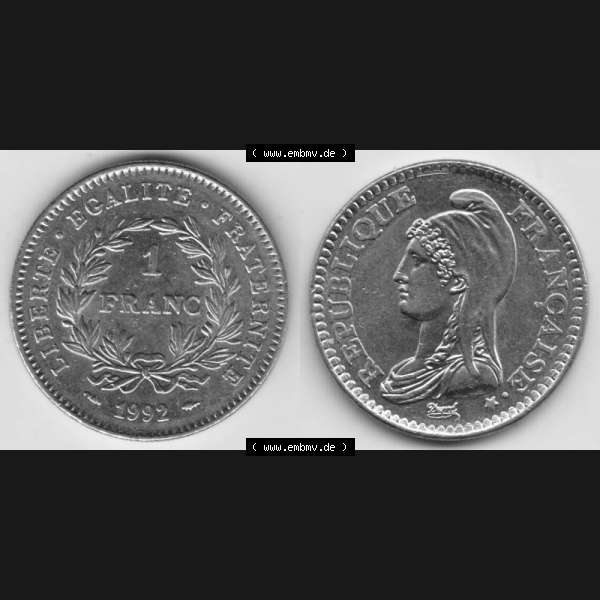 Grau bzw. s/w Münze Frankreich 1992-1992, 1 Francs Liberty Freiheitsgöttin. Vorderseite und Rückseite horizontal auf einen digitalen Bild der alten französischen Umlaufmünze aus... Sammlung Graustufen