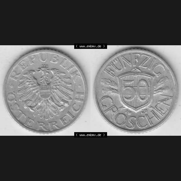 Grau bzw. s/w Münzen Österreich Umlaufmünze 1946-1955, 50 Groschen 1947 I., Münze aus Österreich mit Münzseiten Horizontal / Nebeneinander auf einen Bild für... Sammlung Graustufen