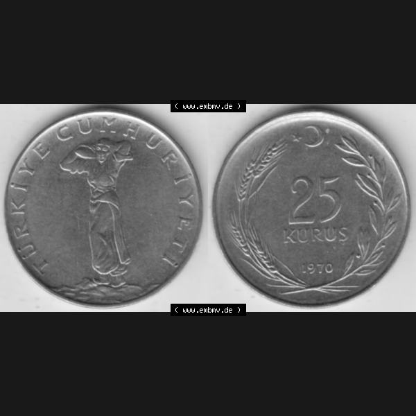 Grau bzw. s/w Münzen Türkei Umlaufmünze 1967-1978, 25 Kurus 1970, Bild mit Vollansicht als Bildmaterial Sammlung Graustufen