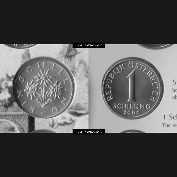 Grau bzw. s/w Münzen Österreich Umlaufmünze 1959-2001, 1 Schilling 2000, Münze aus Österreich mit Münzseiten Horizontal / Nebeneinander auf einen Bild für Mobile-Geräte... Sammlung Graustufen