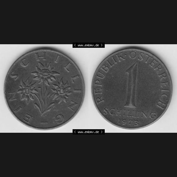 Grau bzw. s/w Münzen Österreich Umlaufmünze 1959-2001, 1 Schilling 1973, Münze aus Österreich mit Münzseiten Horizontal / Nebeneinander auf einen Bild für Mobile-Geräte... Sammlung Graustufen