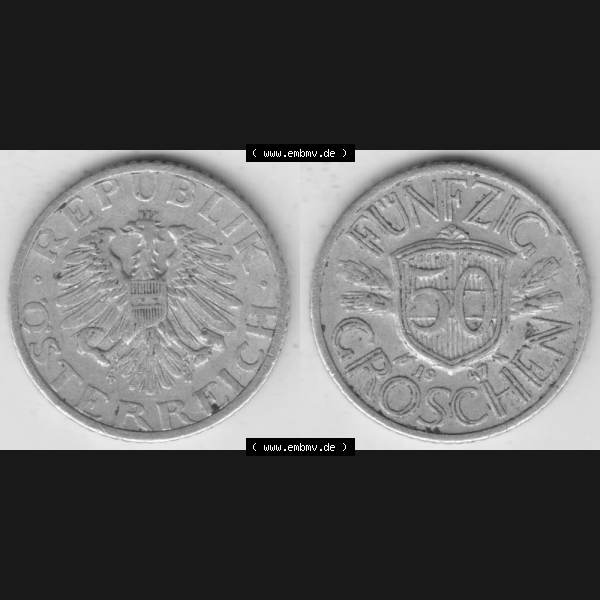 Grau bzw. s/w Münzen Österreich Umlaufmünze 1946-1955, 50 Groschen 1947 III., Münze aus Österreich mit Münzseiten Horizontal / Nebeneinander auf einen Bild für... Sammlung Graustufen
