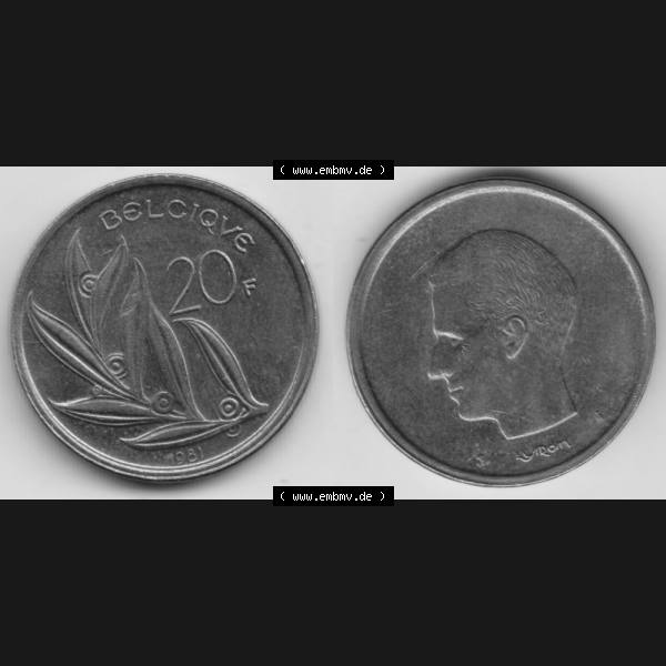 Grau bzw. s/w Münzen Belgien Umlaufmünze 1980-1993, 20 Francs 1981 Belgiqve. Vorderseite und Rückseite horizontal auf einen digitalen Bild der alten belgischen Francs Umlaufmünze aus... Sammlung Graustufen