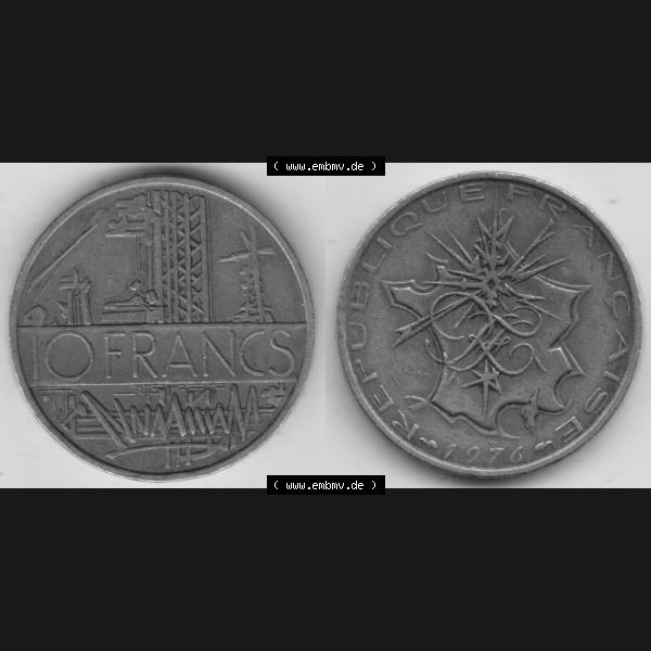 Grau bzw. s/w Münze Frankreich 1974-1987, 10 Franken-Francs 1976. Vorderseite und Rückseite horizontal auf einen digitalen Bild der alten französischen Umlaufmünze aus Frankreich in... Sammlung Graustufen