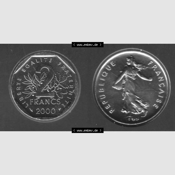 Grau bzw. s/w Münze Frankreich 2000, 2 Francs. Vorderseite und Rückseite horizontal auf einen digitalen Bild der alten französischen Umlaufmünze aus Frankreich in der Francs-Währung... Sammlung Graustufen