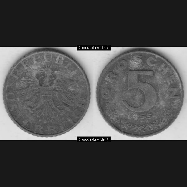 Grau bzw. s/w Münzen Österreich Umlaufmünze 1948-1994, 5 Groschen 1955, Münze aus Österreich mit Münzseiten Horizontal / Nebeneinander auf einen Bild für Mobile-Geräte... Sammlung Graustufen