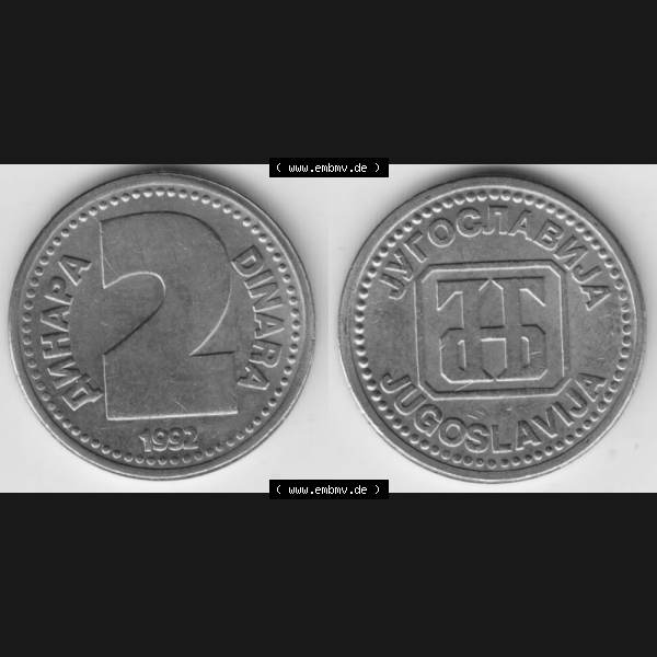 Grau bzw. s/w Münzen Jugoslawien Umlaufmünze 1992-1992, 2 Dinara, Anhapa, Dinar, Bild mit Vollansicht als Bildmaterial Sammlung Graustufen