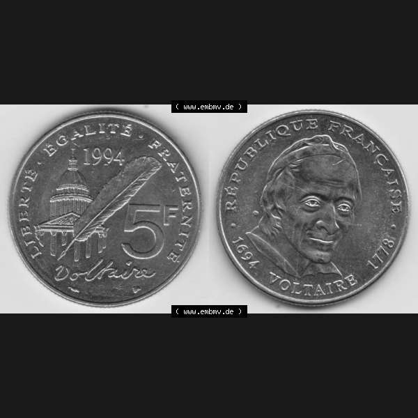Grau bzw. s/w Münze Frankreich 1994-1994, 5 Francs Liberte Egalite Fraternite. Vorderseite und Rückseite horizontal auf einen digitalen Bild der alten französischen Umlaufmünze aus Frankreich... Sammlung Graustufen