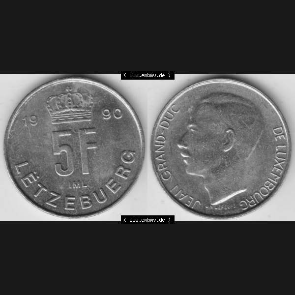 Grau bzw. s/w Münzen Luxemburg Umlaufmünze 1989-1995, 5 Franken - Francs 1990, Bild mit Vollansicht Sammlung Graustufen