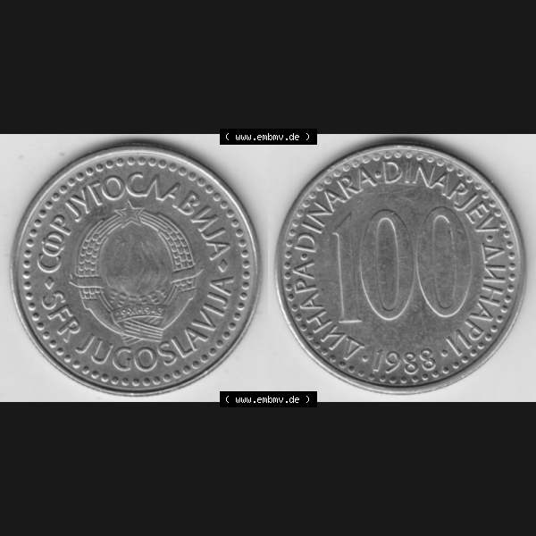 Grau bzw. s/w Münzen Jugoslawien Umlaufmünze 1985-1988, 100 Dinar 1988, Bild mit Vollansicht als Bildmaterial Sammlung Graustufen