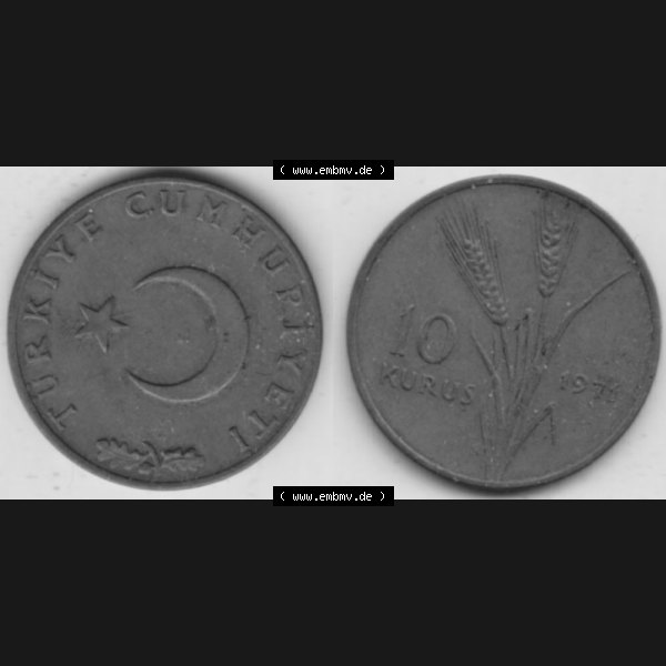 Grau bzw. s/w Münzen Türkei Umlaufmünze 1969-1973, 10 Kurus 1971, Bild mit Vollansicht als Bildmaterial Sammlung Graustufen