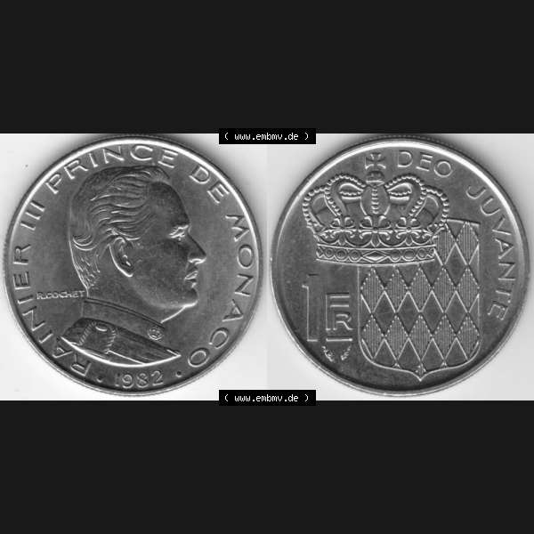Grau bzw. s/w Münzen Monaco Umlaufmünze 1960-1995, 1 Fr, Franc, Franken Rainier III Prince de Monaco I. 1982 (3) Sammlung Graustufen