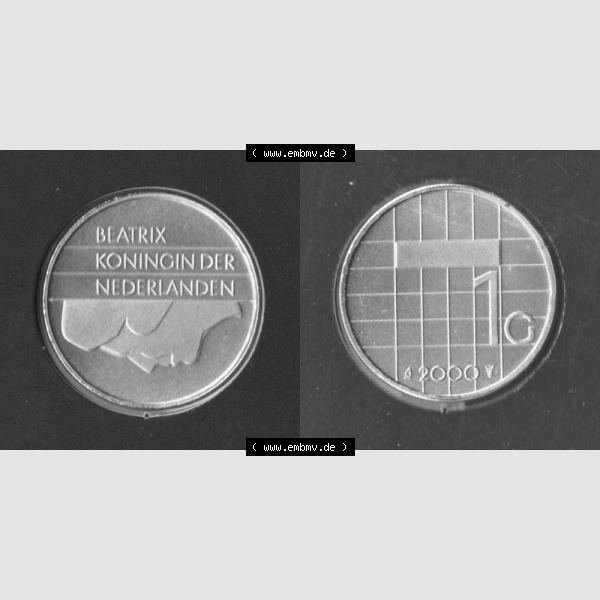 Grau bzw. s/w Münzen Niederlande Umlaufmünze 1982-2000, 1 Gulden 2000, Bild mit Vollansicht Sammlung Graustufen