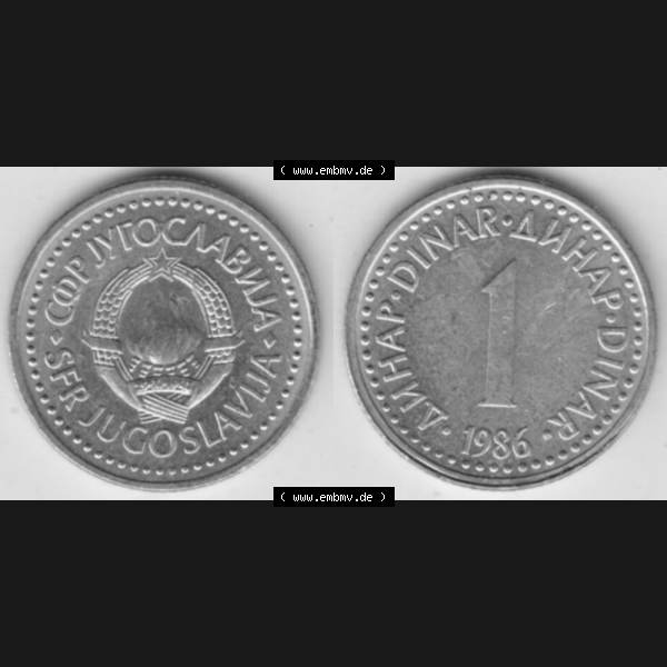 Grau bzw. s/w Münzen Jugoslawien Umlaufmünze 1982-1986, 1 Dinar 1986, Bild mit Vollansicht als Bildmaterial Sammlung Graustufen