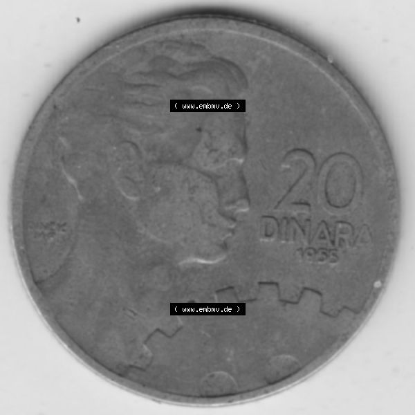 Grau bzw. s/w Münzen Jugoslawien Umlaufmünze 1955-1955, 20 Dinar, Bild mit Vorderseite der Münze zum Download Sammlung Graustufen