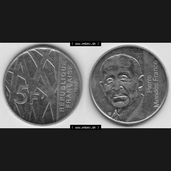 Grau bzw. s/w Münze Frankreich 1992-1992, 000500. 5 Francs Franken in Nickel. Vorderseite und Rückseite horizontal auf einen digitalen Bild der alten französischen Umlaufmünze... Sammlung Graustufen