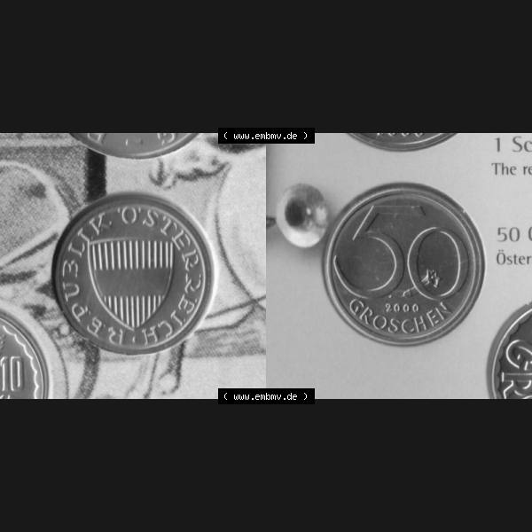 Grau bzw. s/w Münzen Österreich Umlaufmünze 1959-2001, 50 Groschen 2000, Münze aus Österreich mit Münzseiten Horizontal / Nebeneinander auf einen Bild für Mobile-Geräte... Sammlung Graustufen