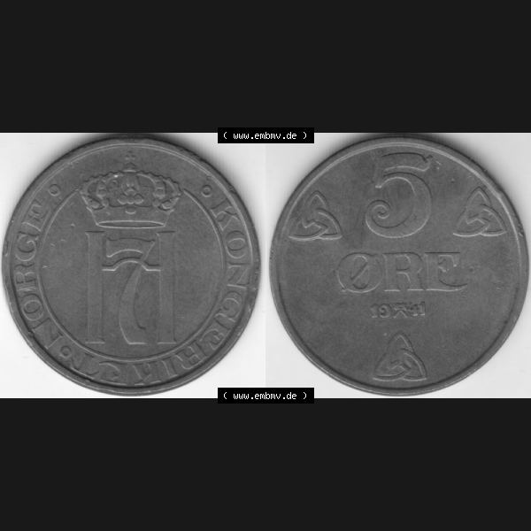 Grau bzw. s/w Münzen Norwegen Umlaufmünze 1908-1952, 5 Öre 1941, Münze aus Norwegen mit Münzseiten Horizontal / Nebeneinander auf einen Bild für Mobile-Geräte als Bildmaterial... Sammlung Graustufen