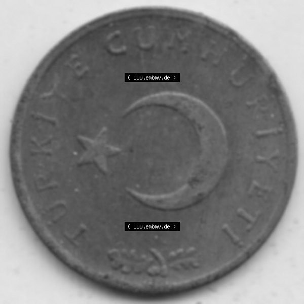 Grau bzw. s/w Münzen Türkei Umlaufmünze 1963-1974, 1 Kurus 1970. Vorderseite der Münze der Türkei als Bildmaterial für Sammler und Münzen-Webseiten hier im online Katalog... Sammlung Graustufen