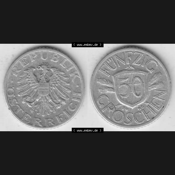Grau bzw. s/w Münzen Österreich Umlaufmünze 1946-1955, 50 Groschen 1946, Münze aus Österreich mit Münzseiten Horizontal / Nebeneinander auf einen Bild für Mobile-Geräte... Sammlung Graustufen
