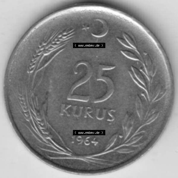 Grau bzw. s/w Münzen Türkei Umlaufmünze 1960-1966, 25 Kurus 1964. Rückseite der Münze der Türkei als Bildmaterial für Sammler und Münzen-Webseiten hier im online... Sammlung Graustufen