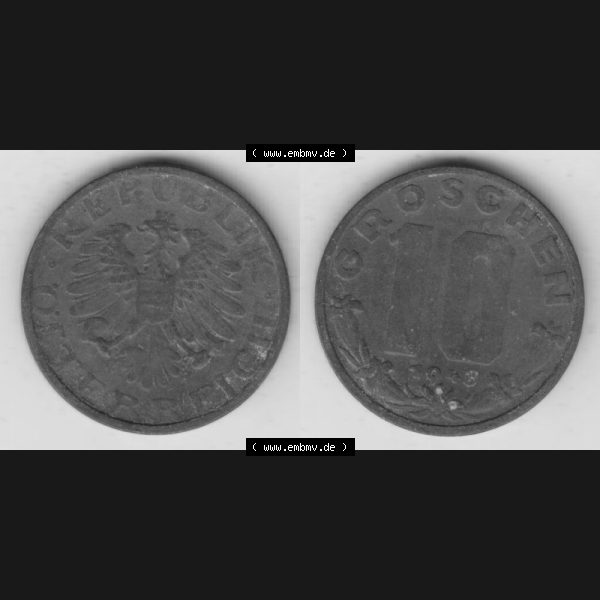 Grau bzw. s/w Münzen Österreich Umlaufmünze 1947-1949, 10 Groschen 1948 II., Münze aus Österreich mit Münzseiten Horizontal / Nebeneinander auf einen Bild für... Sammlung Graustufen