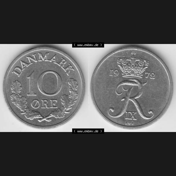 Grau bzw. s/w Münzen Dänemark Umlaufmünze 1972, 10 Öre. Vorderseite und Rückseite horizontal auf einen digitalen Bild der alten dänischen Umlaufmünze aus Dänemark... Sammlung Graustufen