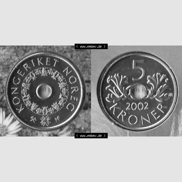 Grau bzw. s/w Münzen Norwegen Umlaufmünze 1998-2017, 5 Kroner, Kronen 2002, Münze aus Norwegen mit Münzseiten Horizontal / Nebeneinander auf einen Bild für Mobile-Geräte... Sammlung Graustufen