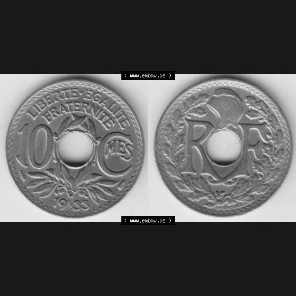 Grau bzw. s/w Münze Frankreich 1917-1938, 10 Centimes, Cent 1933. Vorderseite und Rückseite horizontal auf einen digitalen Bild der alten französischen Umlaufmünze 10 Cmes - Centimes... Sammlung Graustufen