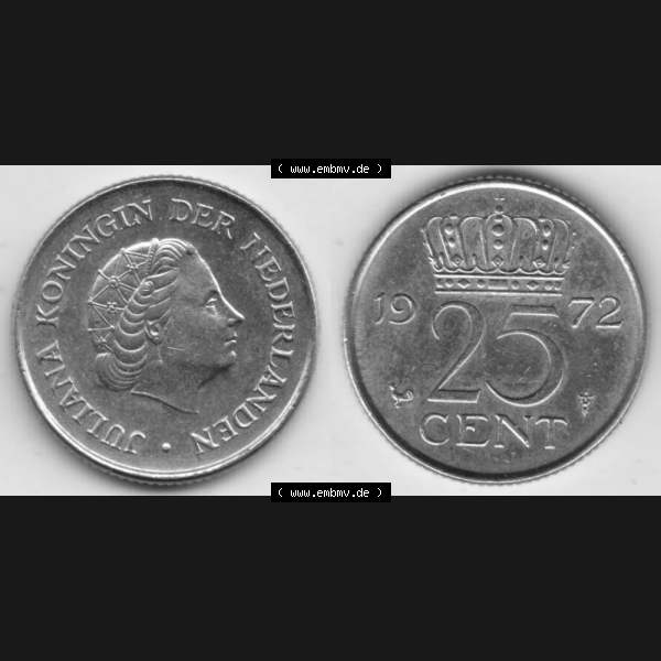 Grau bzw. s/w Münzen Niederlande Umlaufmünze 1950-1980, 25 Cent 1972, Bild mit horizontaler Vollansicht als Bildmaterial Sammlung Graustufen