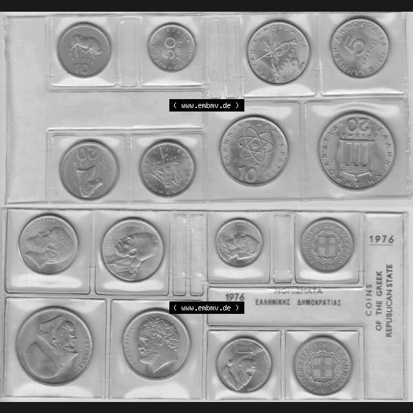Grau bzw. s/w Münzen Griechenland Umlaufmünze 1976, Münzsatz, KMS, Kursmünzensatz . Vorderseite und Rückseite horizontal auf einen digitalen Bild der alten griechischen... Sammlung Graustufen
