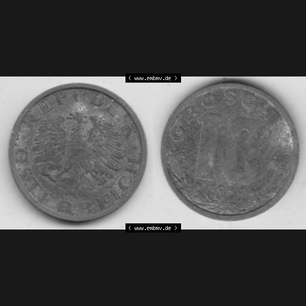Grau bzw. s/w Münzen Österreich Umlaufmünze 1947-1949, 10 Groschen 1949 III., Münze aus Österreich mit Münzseiten Horizontal / Nebeneinander auf einen Bild für... Sammlung Graustufen