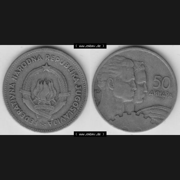 Grau bzw. s/w Münzen Jugoslawien Umlaufmünze 1955-1955, 50 Dinar 1955, Bild mit Vollansicht zum Download Sammlung Graustufen