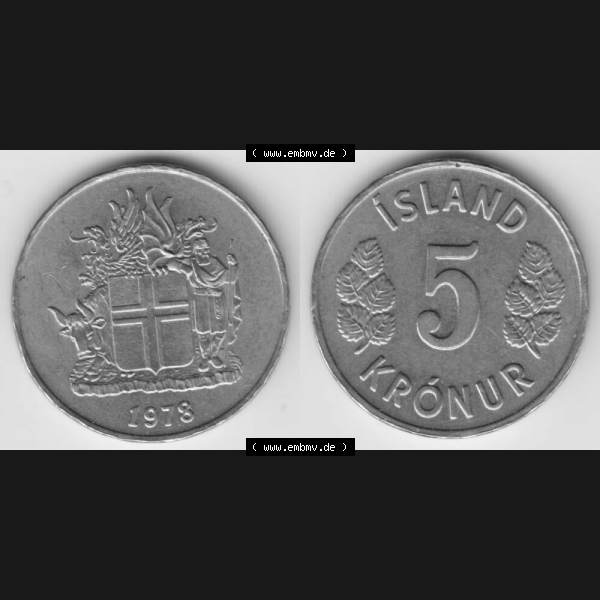 Grau bzw. s/w Münzen Island Umlaufmünze 1969-1980, 5 Kronur, Kronen 1978. Vorderseite und Rückseite horizontal auf einen digitalen Bild der alten Isländischen Umlaufmünze... Sammlung Graustufen