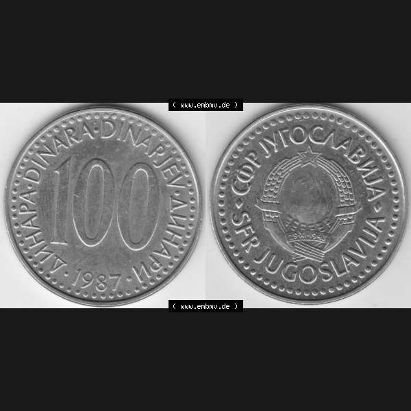 Grau bzw. s/w Münzen Jugoslawien Umlaufmünze 1985-1988, 100 Dinara, Dinarjev 1985, Bild mit Vollansicht als Bildmaterial Sammlung Graustufen