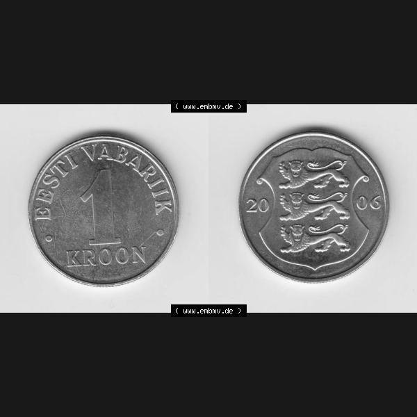 Grau bzw. s/w Münzen Estland Umlaufmünze 2006, 1 Kroon. Vorderseite und Rückseite horizontal auf einen digitalen Bild der alten estländische Umlaufmünze aus Estland zum katalogisieren... Sammlung Graustufen