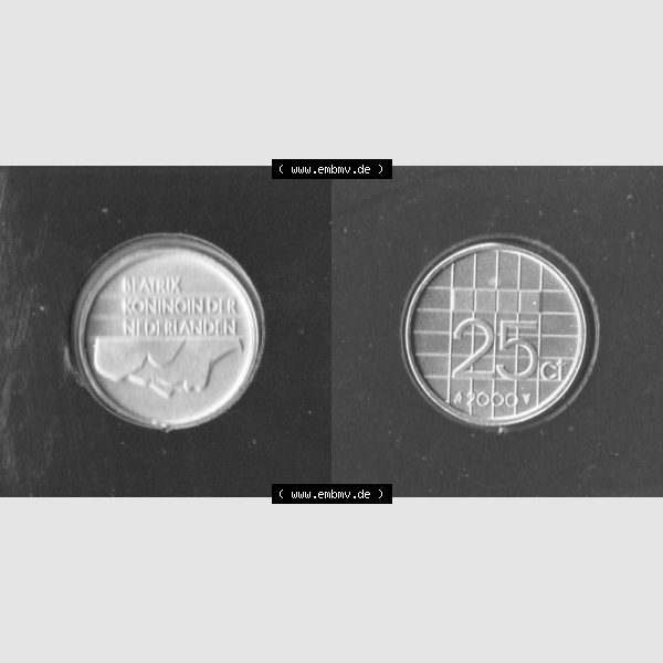 Grau bzw. s/w Münzen Niederlande Umlaufmünze 1982-2000, 25 Cent 2000, Bild mit Vollansicht Sammlung Graustufen