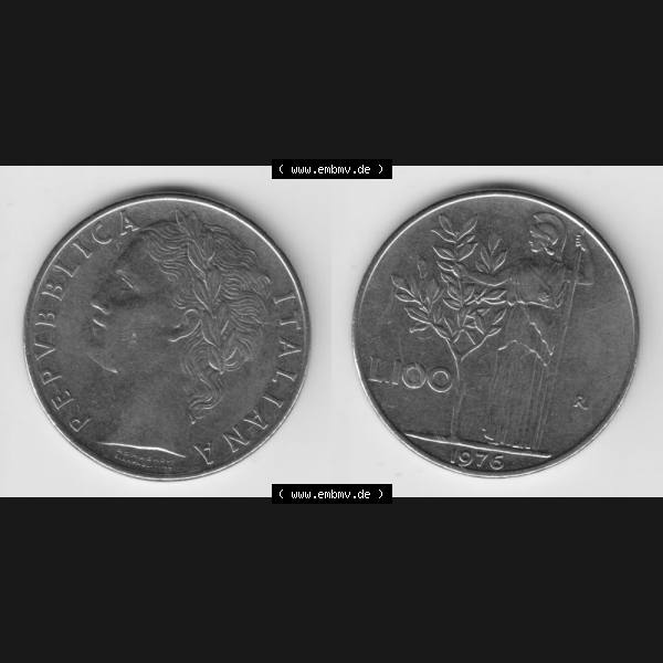 Grau bzw. s/w Münzen Italien Umlaufmünze 1955-1989, 100 Lire, Lira 1976. Vorderseite und Rückseite horizontal auf einen digitalen Bild der alten italienischen Münze aus Italien... Sammlung Graustufen