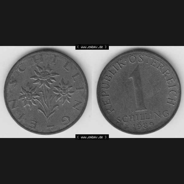 Grau bzw. s/w Münzen Österreich Umlaufmünze 1959-2001, 1 Schilling 1989, Münze aus Österreich mit Münzseiten Horizontal / Nebeneinander auf einen Bild für Mobile-Geräte... Sammlung Graustufen