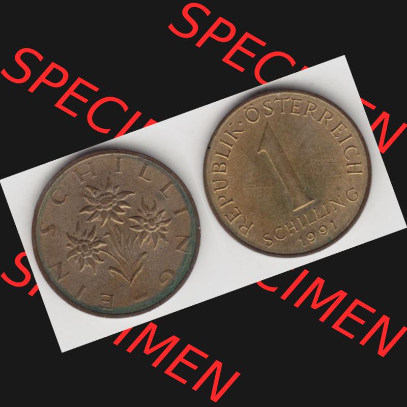 Münzen Österreich Umlaufmünze 1959-2001, 1 Schilling 1991 I., Münze aus Österreich mit Münzseiten Horizontal / Nebeneinander auf einen Bild für... Sammlung