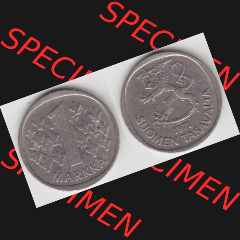 Münzen Finnland Umlaufmünze 1969-1993, 1 Markka 1971. Vorderseite und Rückseite horizontal auf einen digitalen Bild der alten finnischen Umlaufmünze aus Finnland SUOMI... Sammlung