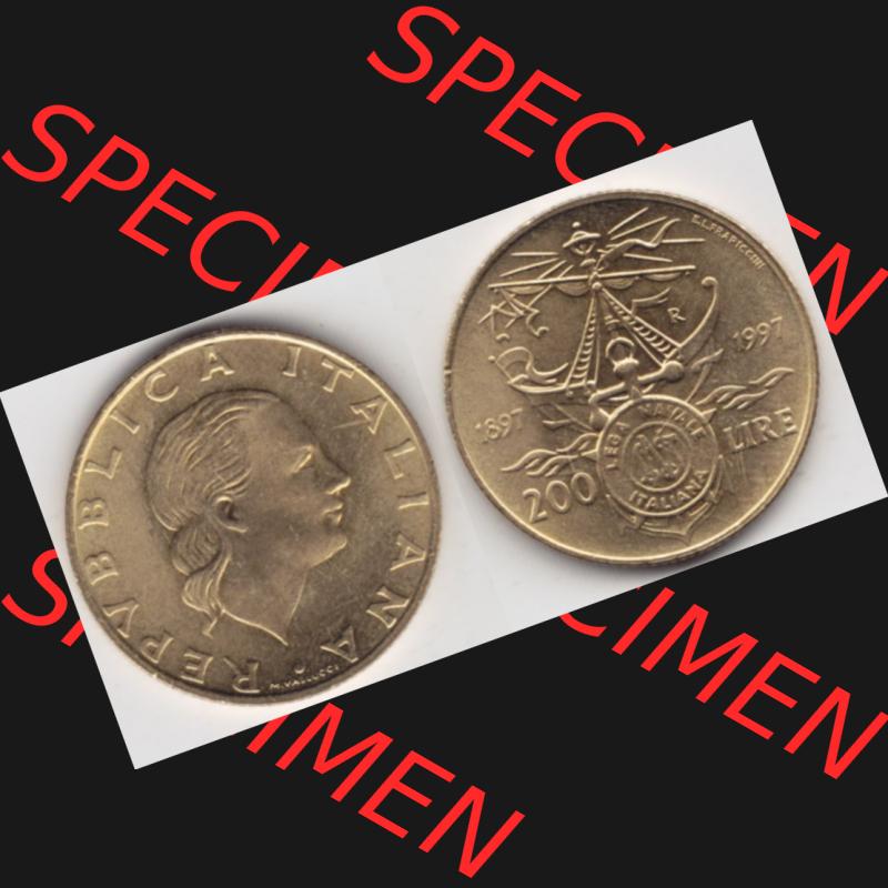 Münzen Italien Gedenkmünze 1997-1997, 200 Lire Italienische Meeresliga. Vorderseite und Rückseite horizontal auf einen digitalen Bild der alten italienischen Münze aus... Sammlung