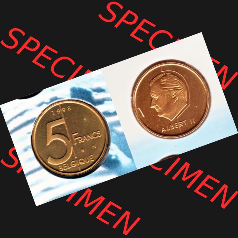 Münzen Belgien Umlaufmünze 1998, 5 Francs. Vorderseite und Rückseite horizontal auf einen digitalen Bild der alten belgischen Francs Umlaufmünze aus Belgien vor Einführung... Sammlung