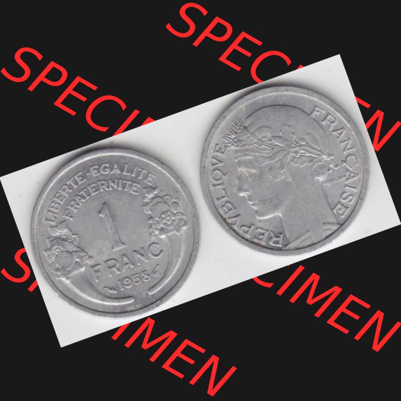 Münze Frankreich 1941-1959, 1 Francs, Franken 1958. Vorderseite und Rückseite horizontal auf einen digitalen Bild der alten französischen Umlaufmünze aus Frankreich... Sammlung