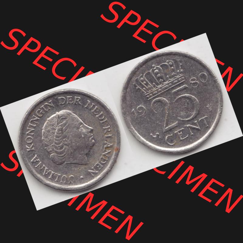 Münzen Niederlande Umlaufmünze 1950-1980, 25 Cent 1980, Bild mit horizontaler Vollansicht als Bildmaterial Sammlung