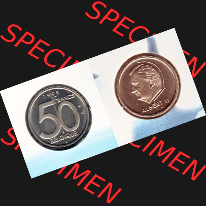 Münzen Belgien Umlaufmünze 1998, 50 Francs. Vorderseite und Rückseite horizontal auf einen digitalen Bild der alten belgischen Francs Umlaufmünze aus Belgien vor Einführung... Sammlung