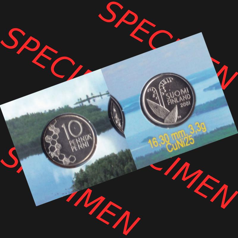 Münzen Finnland Umlaufmünze 2001, 10 Penni, Penniä. Vorderseite und Rückseite horizontal auf einen digitalen Bild der alten finnischen Umlaufmünze aus Finnland... Sammlung
