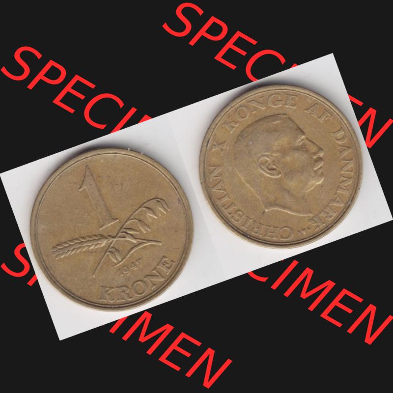 Münzen Dänemark Umlaufmünze 1947, 1 Krone. Vorderseite und Rückseite horizontal auf einen digitalen Bild der alten dänischen Umlaufmünze aus Dänemark zum... Sammlung