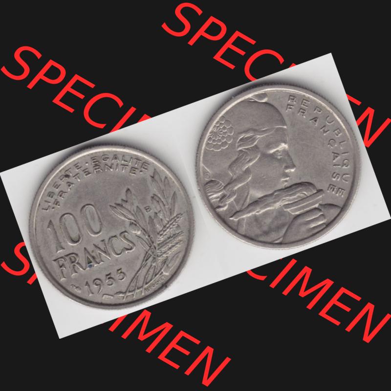 Münze Frankreich 1954-1958, 100 Francs, Franken Typ I. 1955. Vorderseite und Rückseite horizontal auf einen digitalen Bild der alten französischen Umlaufmünze... Sammlung